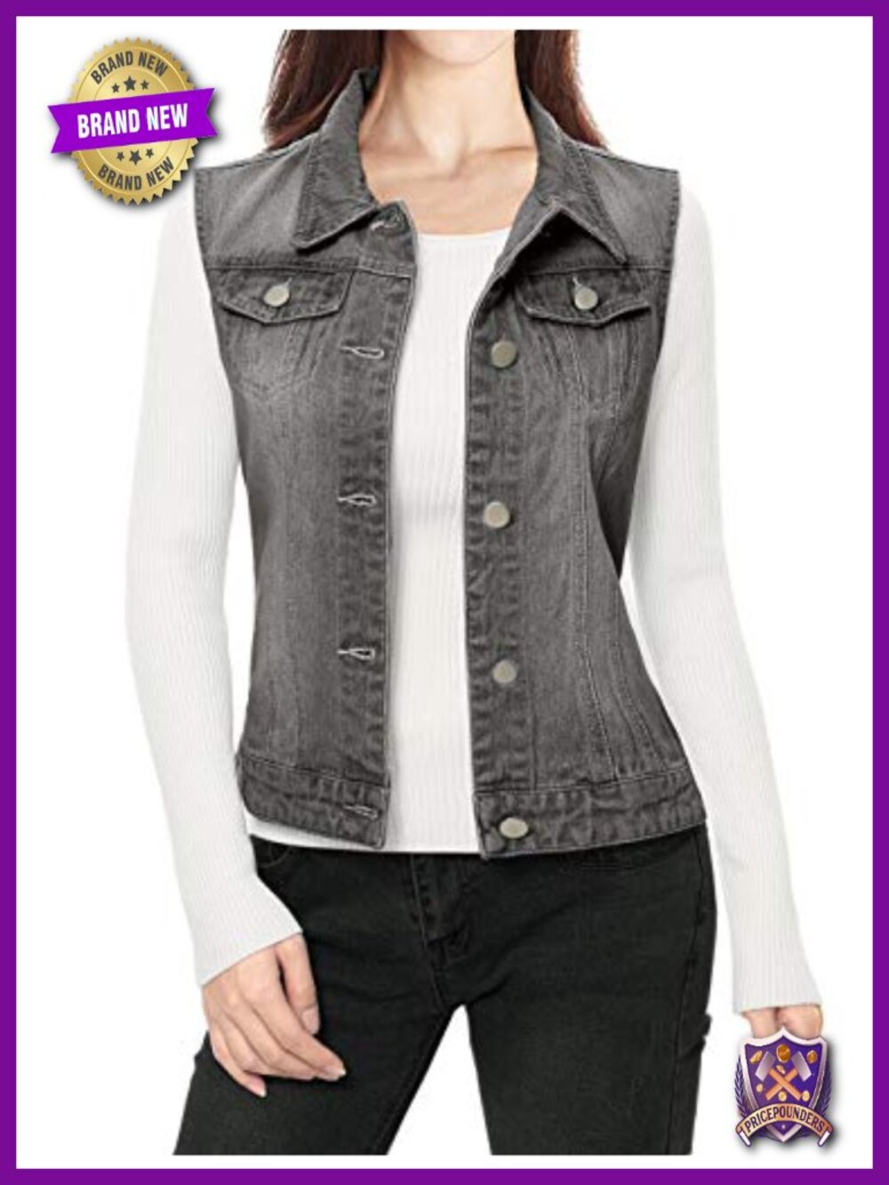 Buttoned Washed Denim Vest Jacket with Chest Flap Pockets